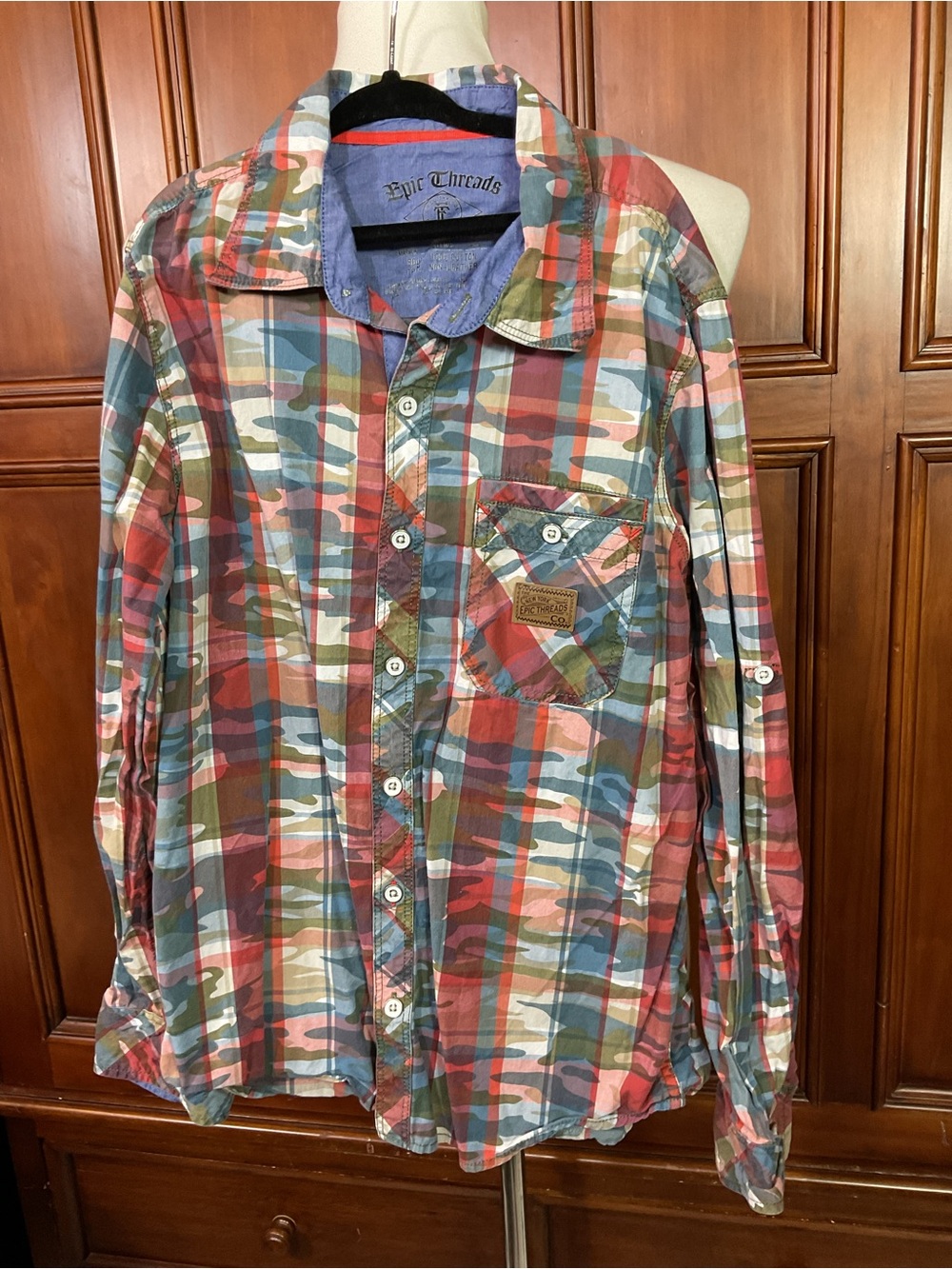 Epic Threads Boys Youth Med Button Down Casual Bright Camo Blue Red Green Lknw A